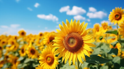 Fototapeta premium Sunflower field with cloudy blue sky. Sunflower landscape