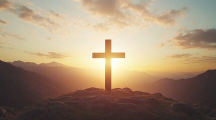 The silhouette of the cross of Jesus Christ against the sky at sunset, with copy space on the right side. 