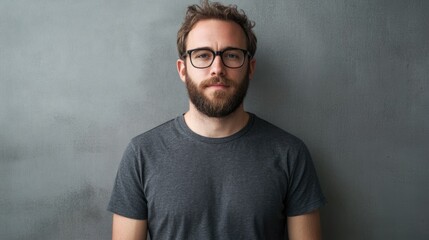Obraz premium Trendy man with glasses and beard in casual T-shirt standing against a gray concrete wall with copy space for text and branding