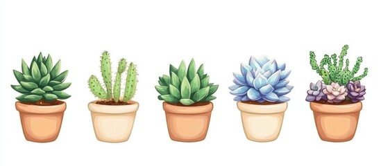 Fototapeta premium Variety of colorful succulents in pots with a blank area for customizable text on a clean white background
