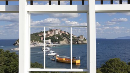 Coastal Town View Through Modern Window Frame