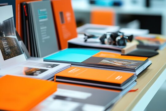 Stack of Colorful Brochures Showcasing Diverse Designs and Vibrant Images,  Neatly Arranged on a Tabletop for Easy Access.
