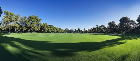 Lush green lawn under a clear blue sky with neatly aligned trees ideal for nature-themed promotional content or backgrounds.