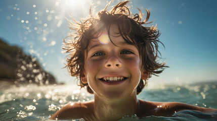 A boy swimming in a swimming pool. Summer vacation time