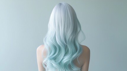 The back of a woman's head with long, wavy hair. the hair is a light blue color and appears to be dyed in a gradient of light blue and white.