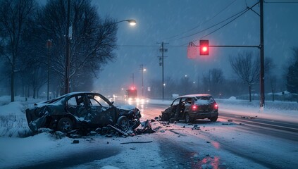 Crashed cars, snowy night, intersection accident, emergency vehicles in background