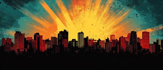 Fototapeta premium Bold and colorful comic book background with a city silhouette, energetic color palette, dramatic lighting, and urban setting, perfect for dynamic and actionfilled scenes