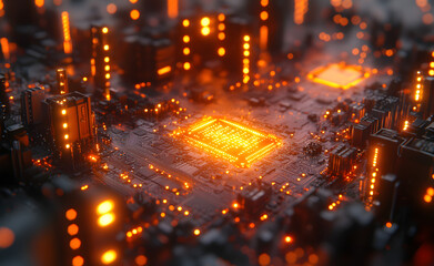 Fototapeta premium Neon Microchip City Grid | Futuristic Spinning Circuit | Cyberpunk Digital Network | Glowing Tech Innovation | Sci-Fi Data Flow | High-Tech Urban Matrix | Virtual Reality Animation | Smart City Motion