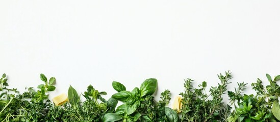 Obraz premium Fresh uncooked pasta surrounded by vibrant herbs on a clean white background ideal for promoting culinary dishes and recipe ideas