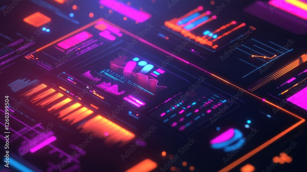 Poster futuristic data visualization interface with glowing charts and graphs
