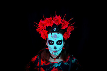 Woman dressed as Mexican Catrina