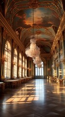 Obraz premium Majestic Interior of the Grand Ballroom with Elegant Chandelier and Decorative Artwork in a Luxurious Setting, Grand Hall of a Gilded Palace
