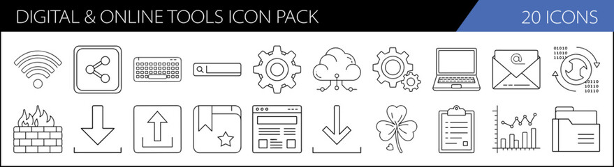Digital and Online Tools Icon Pack - A set of 20 icons representing digital and online tools, including symbols for download, cloud, laptop, and file management.

