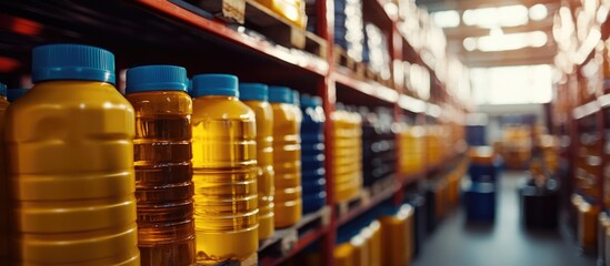 Engine oil bottles arranged on shelves in a warehouse setting with ample space for text and branding options in a bright environment.