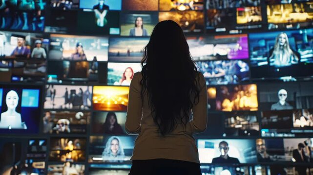 Young woman observes multiple screens displaying various news and media content in a modern control room setting