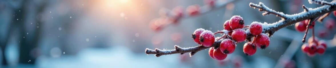 Frosted red berries glisten on winter twigs and branches, winter, branches, berries