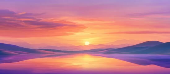 Serene sunset reflection over tranquil waters with pastel hues illuminating the sky and distant mountains in peaceful harmony.