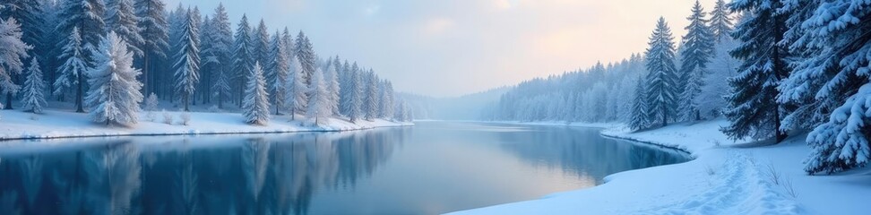 Fototapeta premium Frosty forest background with a frozen lake and trees, forest, nature