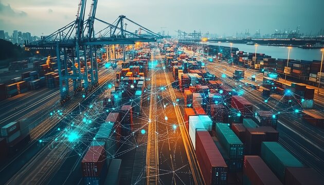 Holographic interface showcasing global supply chain map