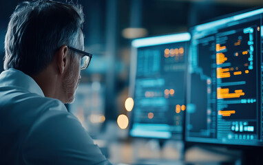 Focused man analyzing data on multiple screens in modern office environment