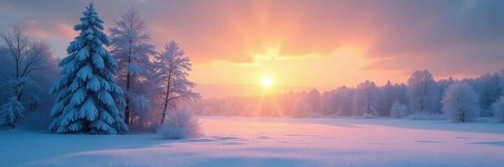 Fototapeta premium Frosty morning scene with the sun rising behind snow-covered trees in a winter landscape, calm, stillness