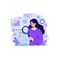Woman Inspecting Financial Report with Magnifying Glass for Business Analysis