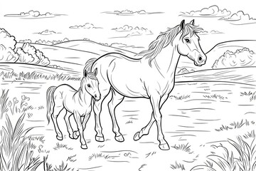 Coloring pages. Farm animals. Mother horse walks with her little cute foal on the field.