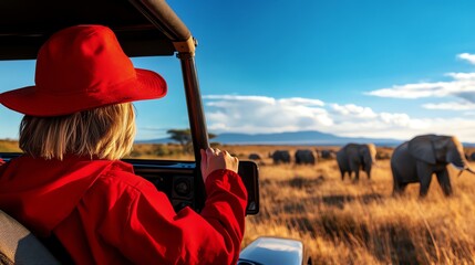 A vibrant sunset scene featuring a person in a red hat observing majestic elephants in the wild. Experience the beauty of nature and the thrill of wildlife adventures.