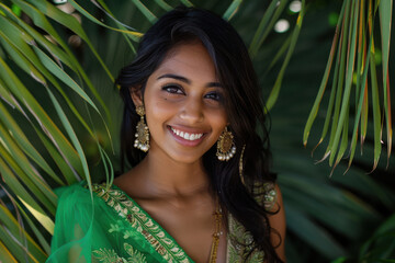 close up horizontal portrait of a young and beautiful smiley indian lady