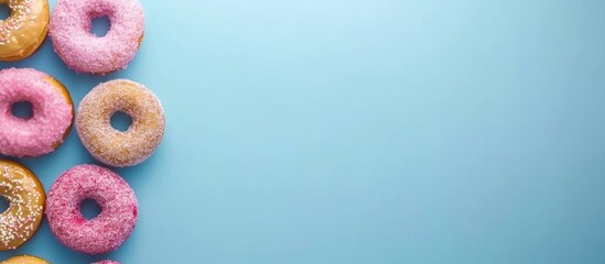 Colorful assortment of donuts on blue background showcasing sweet sugary desserts perfect for promotional or advertising use