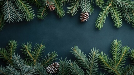 Winter Holiday Background with Greenery and Pine Cones for Text Space