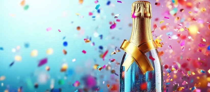 Champagne bottle with gold ribbon surrounded by colorful confetti on blue background ideal for celebration announcements or promotions
