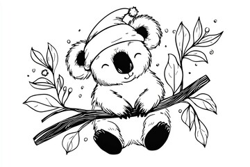 Cute Christmas Koala Bear Clipart Illustration and Black and White.
