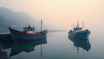 Fototapeta premium Morning fog wraps around the fishing boats in harbour, fog, weathered wood, serenity