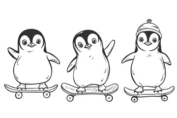 Naklejka premium Cute penguin vector illustration playing skateboard. Black and white outline coloring book.