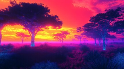 A Vibrant Neon Dreamscape, Trees bathed in Vivid Hues under a Psychedelic Sky