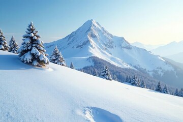 Mountain with a gentle snowy slope and a few trees in the distance, wintry landscape, landscape, snow