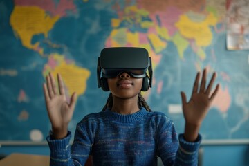 Child Using Virtual Reality Headset in Classroom Setting