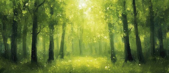 Obraz premium Aesthetic Blurred Forest Scene with Lush Greenery and Soft Light Filter Creating a Tranquil Atmosphere in Nature