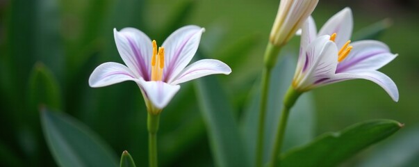Fototapeta premium A delicate white and purple lily blooms on a slender green stem, radiating elegance, bloom, greenery