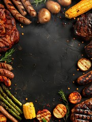 Grilled meats and vegetables frame with potatoes, sausages, and corn on a rustic black background