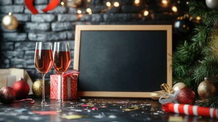 Festive New Year celebration setup with champagne glasses decorations and blank chalkboard for personalized holiday messages