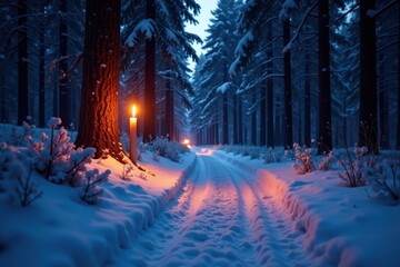 Flickering candlelight illuminates snowy forest path at night , wonder, woods, season