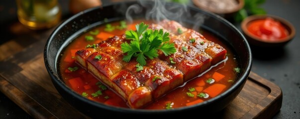 Overhead shot of steaming hot, fiery pork ribs broth, pork ribs, hot