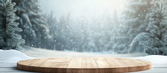 Wooden festive podium stage in snowy landscape with empty space for text perfect for seasonal celebrations and winter themed promotions