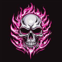 Skull Engulfed in Neon Pink Flames with Glowing Eyes &ndash; Gothic Digital Illustration