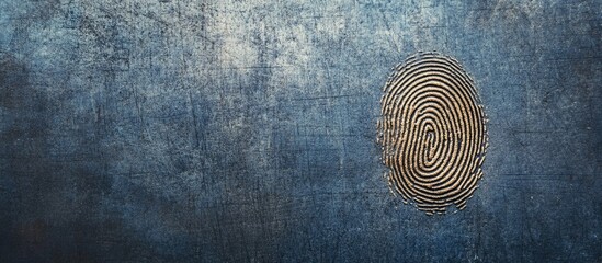 Close-up of a fingerprint imprinted on a textured metallic background with a blank space for adding text or branding purposes.