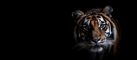 Fototapeta premium Intense gaze of a tiger against a dark background with ample space for adding text or graphics. Perfect for wildlife-themed projects.