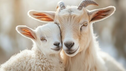 Fototapeta premium Vibrant Goat and Kid Affectionately Snuggling Together in a Soft Natural Setting with Blank Space for Text Overlay