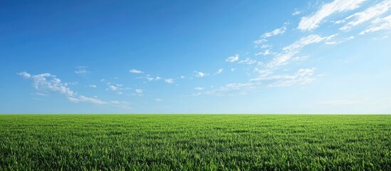 Fototapeta premium Lush green grass field under a clear blue sky in an empty stadium with ample space for promotional text or branding.